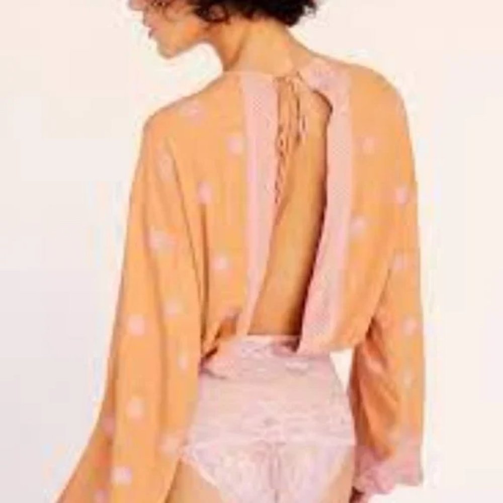 Free People On Board Boho Bodysuit Orange/Lavender Tie-Back Open Back V-Neck - L